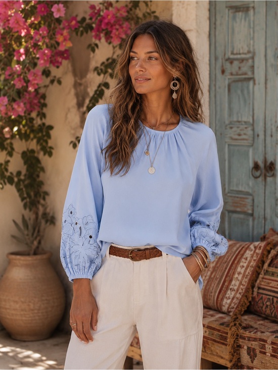 Express Tops - Express Sky Blue Boho Embroidered Eyelet Blouse Top